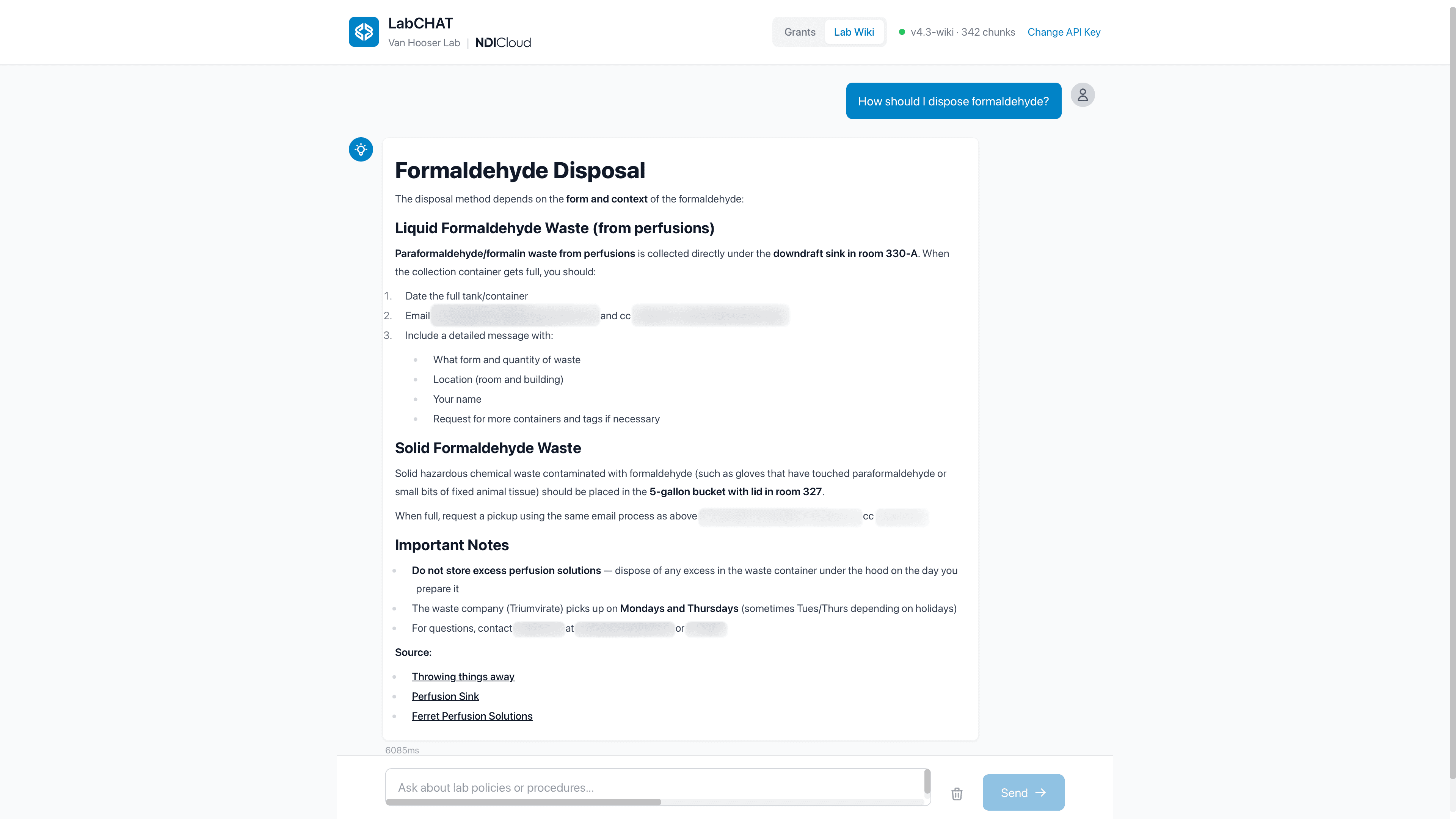 LabChat answering a lab-safety question — 'How should I dispose formaldehyde?' — from the lab wiki, with a structured policy answer and numbered, cited wiki sources