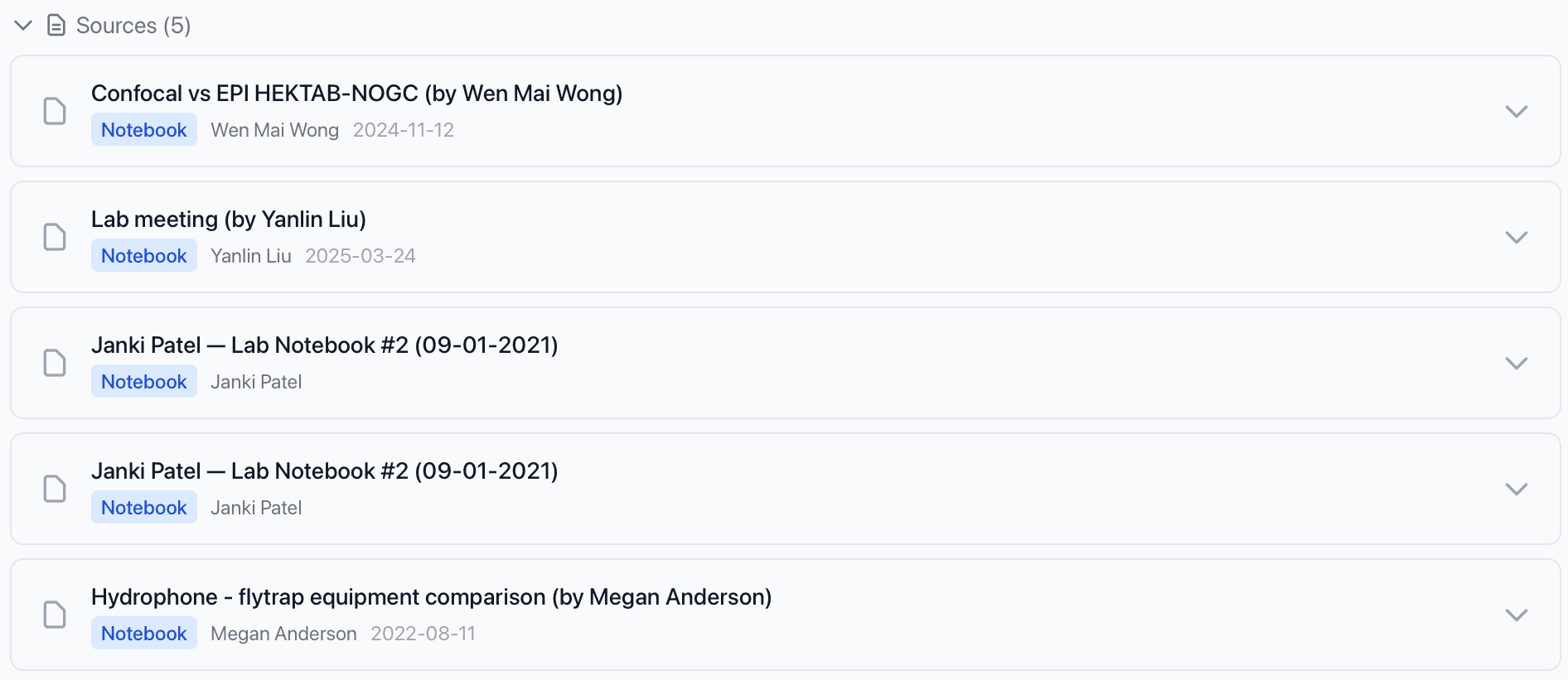 LabChat sources panel: a stack of collapsible source cards, each a retrieved lab-notebook or protocol passage with a notebook badge, author, and date